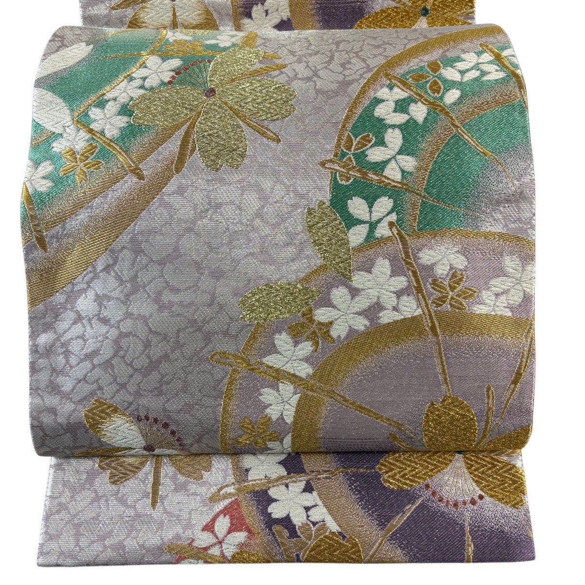 美品】 袋帯 秀品 振袖向き 夢桜 桜 花びら 金銀糸 箔 薄紫 六通 正絹