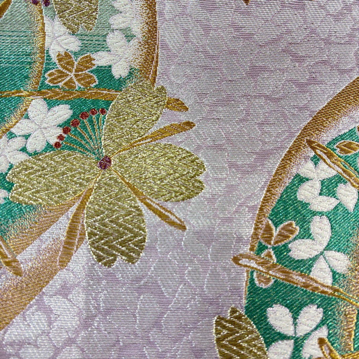 美品】 袋帯 秀品 振袖向き 夢桜 桜 花びら 金銀糸 箔 薄紫 六通 正絹