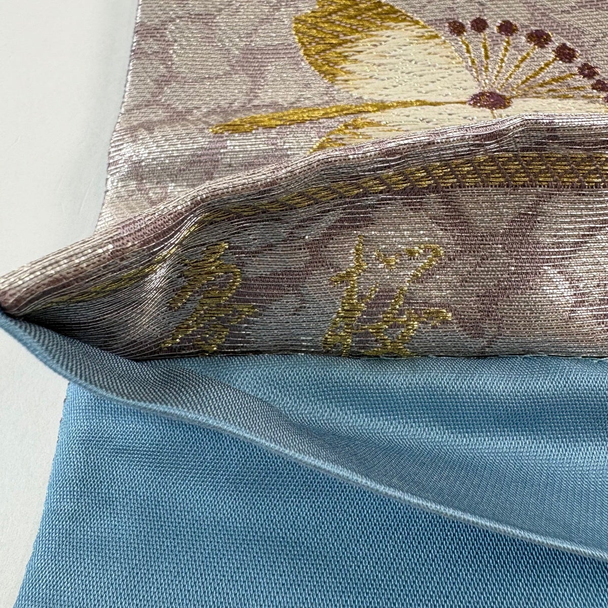 美品】 袋帯 秀品 振袖向き 夢桜 桜 花びら 金銀糸 箔 薄紫 六通 正絹