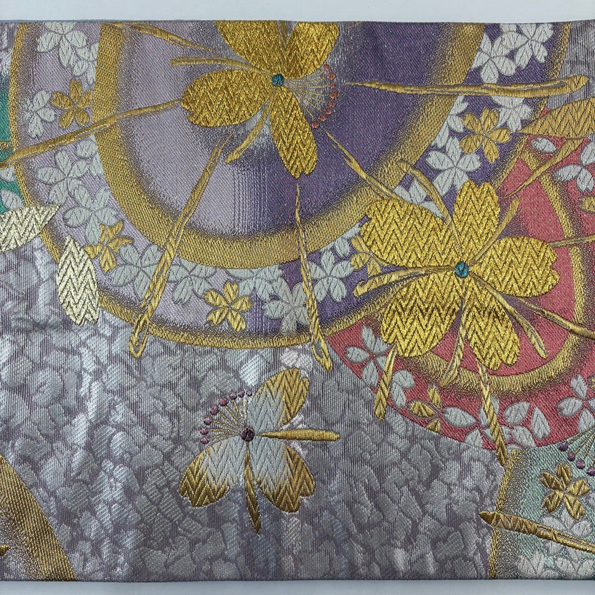 美品】 袋帯 秀品 振袖向き 夢桜 桜 花びら 金銀糸 箔 薄紫 六通 正絹