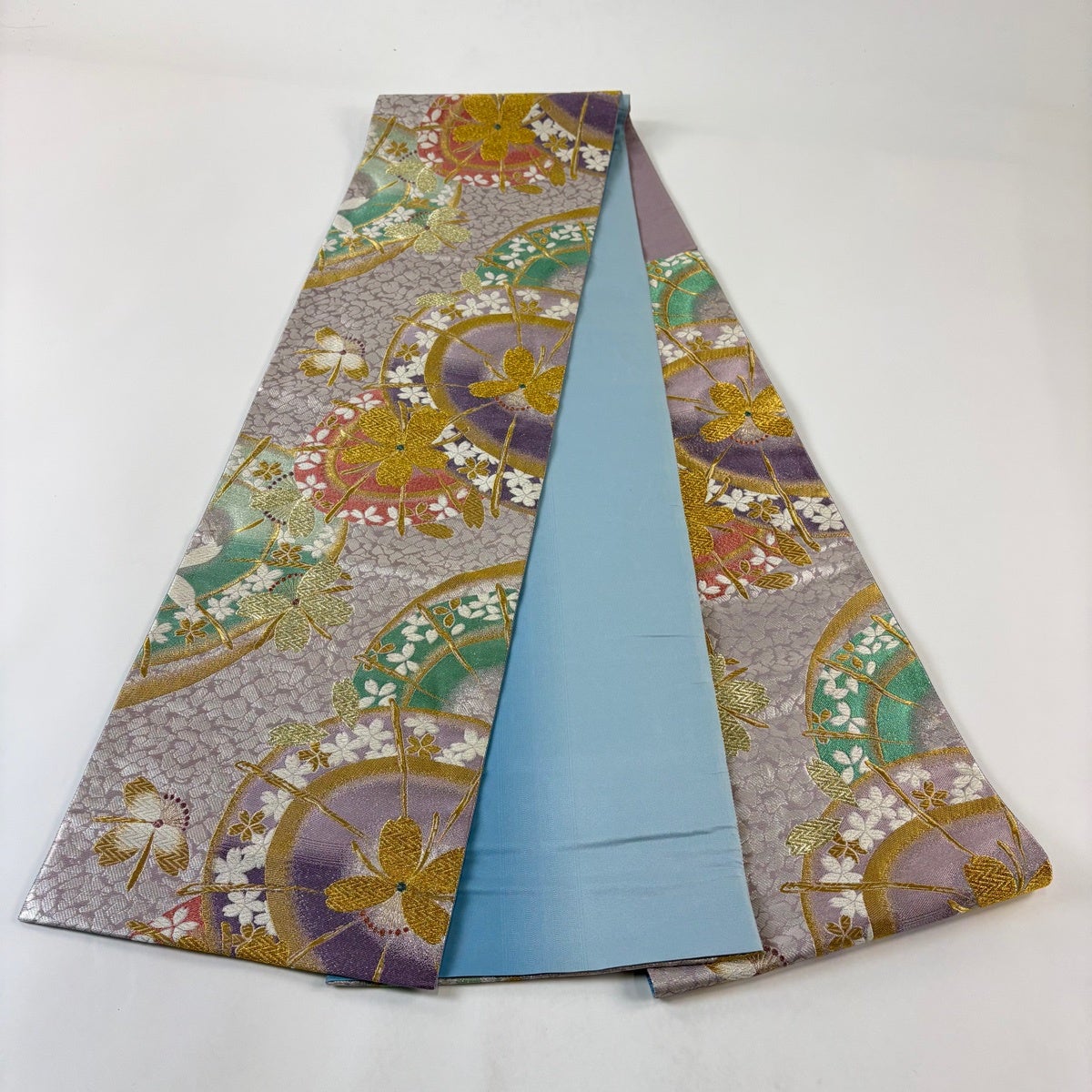 美品】 袋帯 秀品 振袖向き 夢桜 桜 花びら 金銀糸 箔 薄紫 六通 正絹