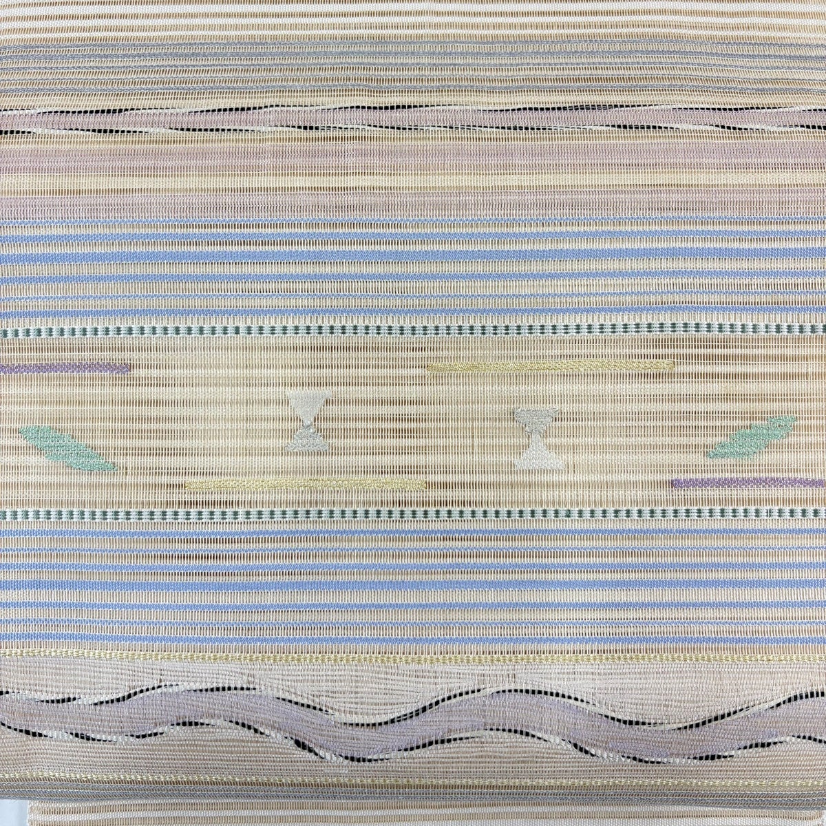 名古屋帯 秀品 夏帯 絽 八寸名古屋帯 縞 幾何学模様 金糸 ベージュ