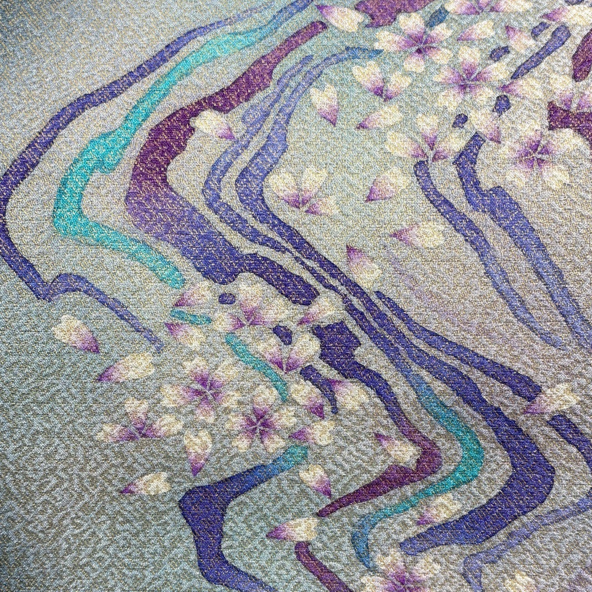 美品】 袋帯 秀品 桜 桜の花びら 金銀糸 ぼかし 灰緑 お太鼓柄 正絹