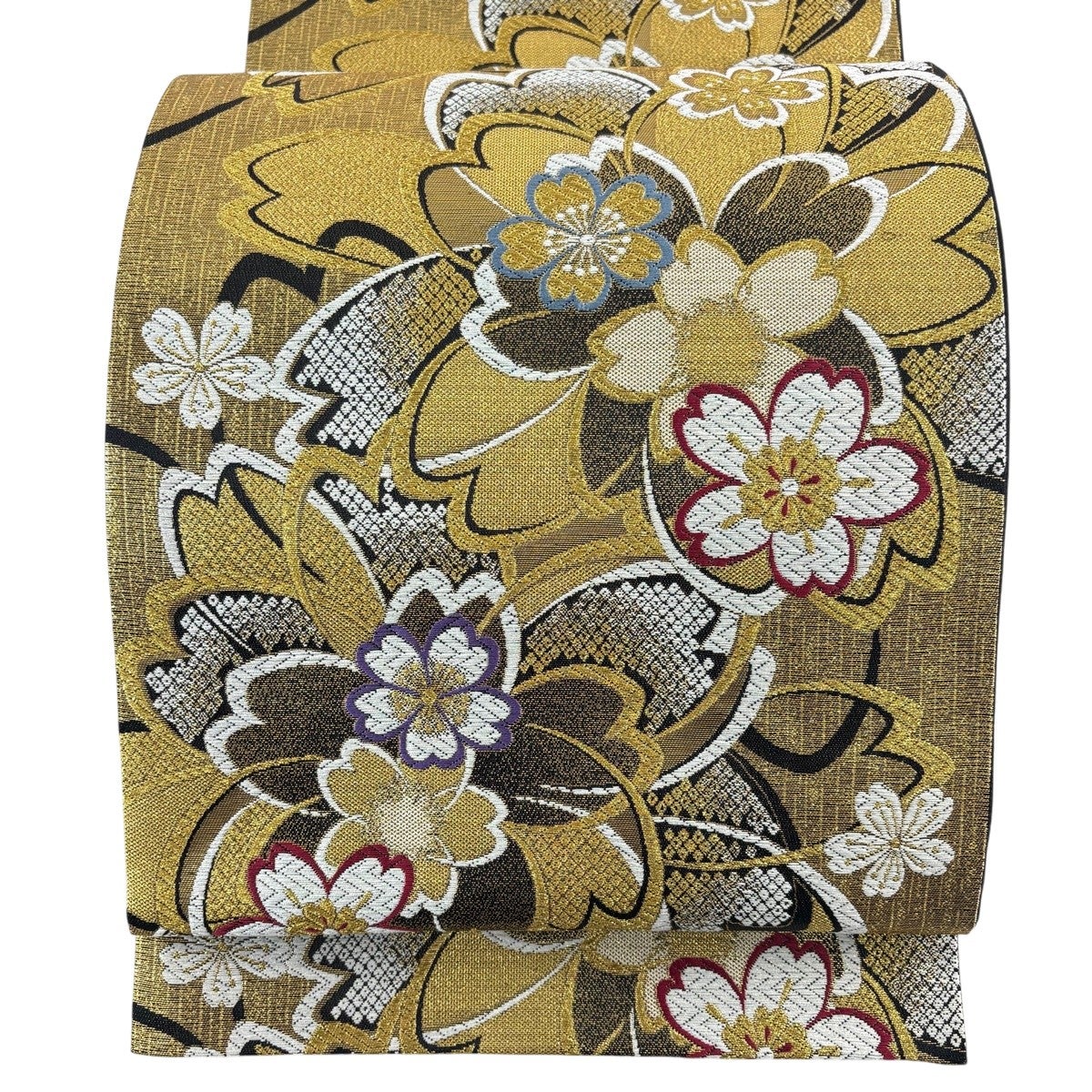 美品】 袋帯 秀品 振袖向き 桜 金糸 唐織 金色 六通 正絹｜中古・古着