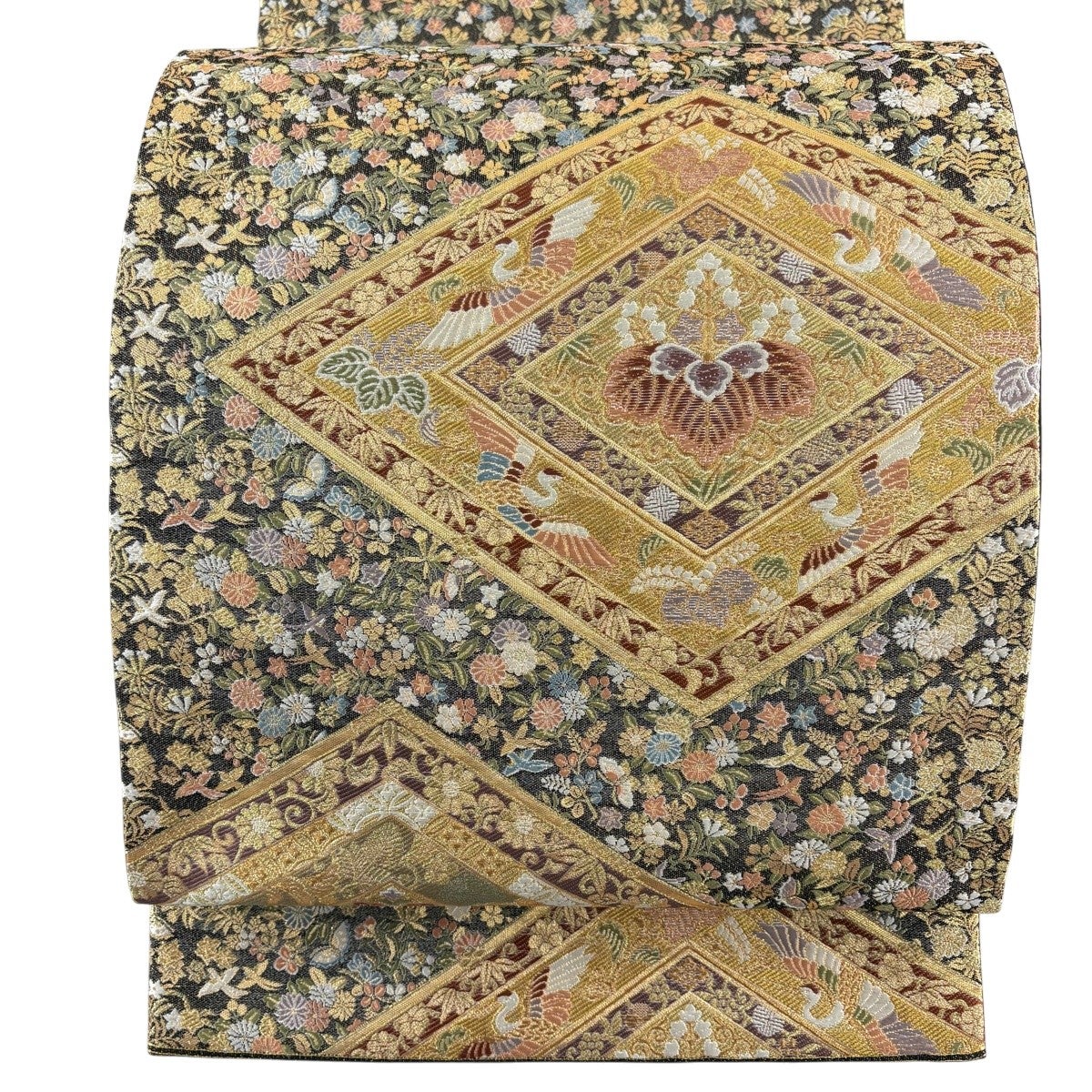 美品】 袋帯 秀品 菱 草花 金糸 箔 墨色 六通 正絹｜中古・古着