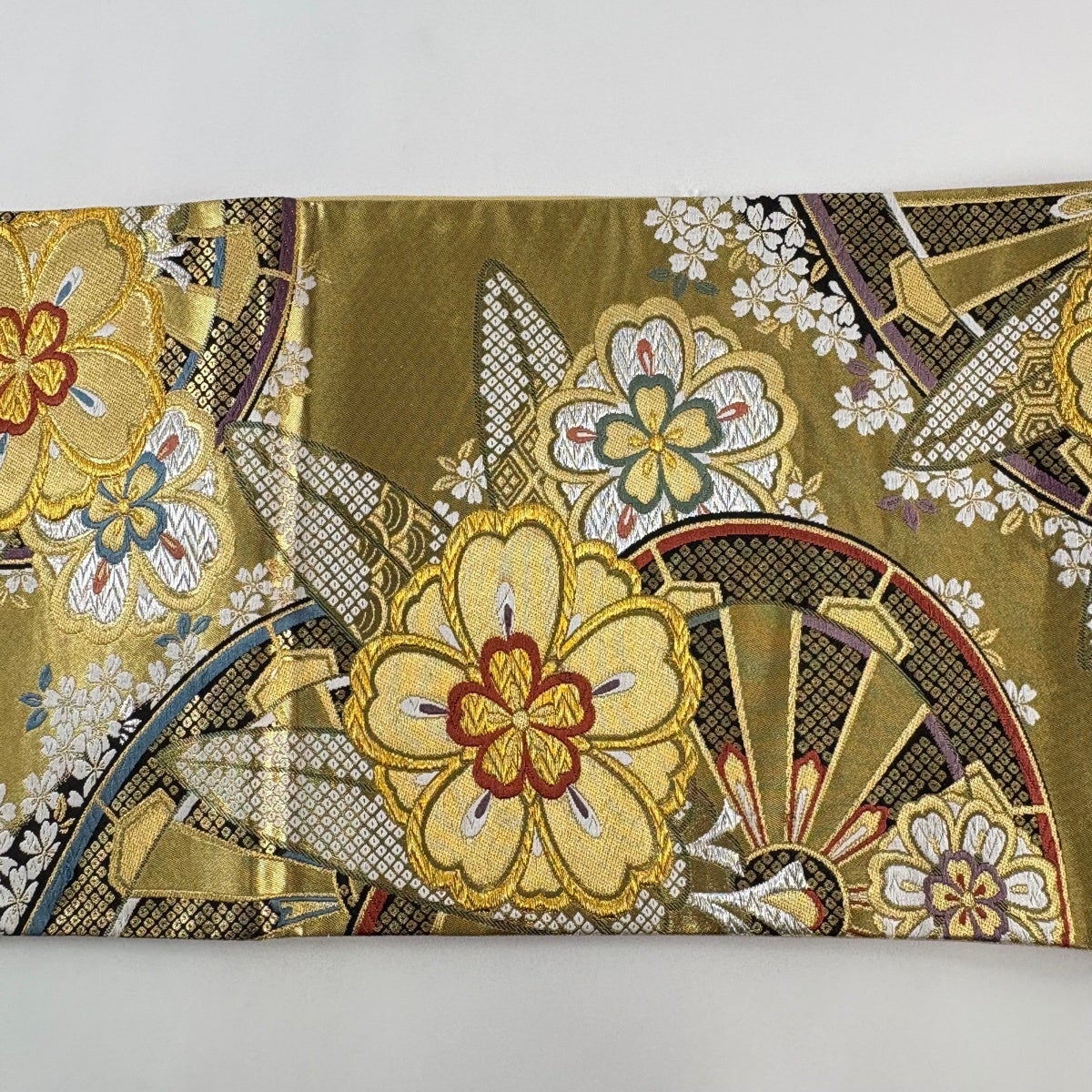 袋帯 秀品 振袖向き 桜 源氏車 金銀糸 箔 金色 六通 正絹｜中古・古着