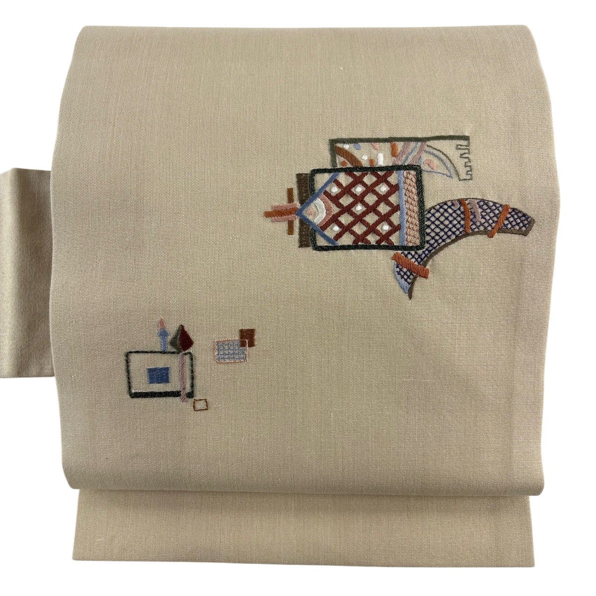 名古屋帯 秀品 紬地 幾何学模様 刺繍 ベージュ 正絹｜中古・古着