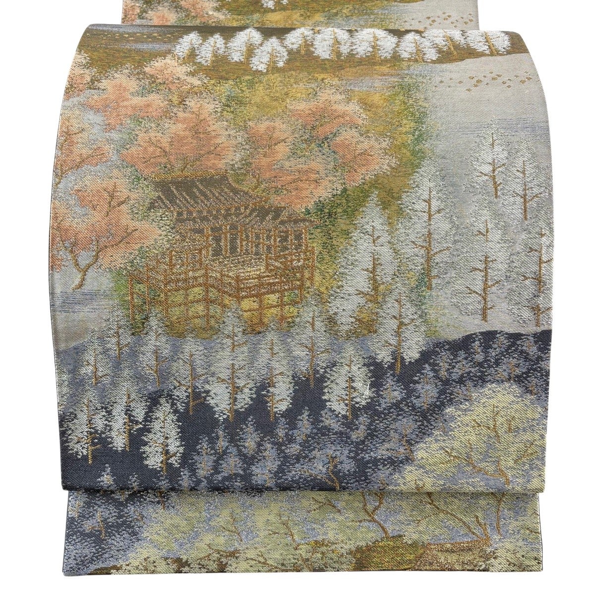 袋帯　金糸　清水寺　京名所　森林　ゴールド　山景　着物　112t 美品】 袋帯 秀品 爽映百景 清水寺 箔 金糸 銀色 六通 正絹｜中古
