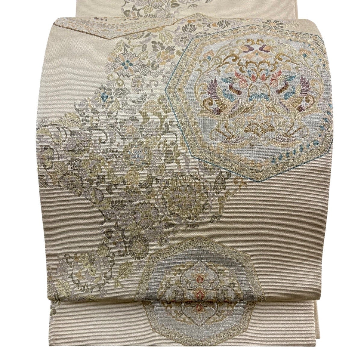 袋帯 秀品 華文 向かい鳥 箔 金糸 ベージュ 六通 正絹｜中古・古着