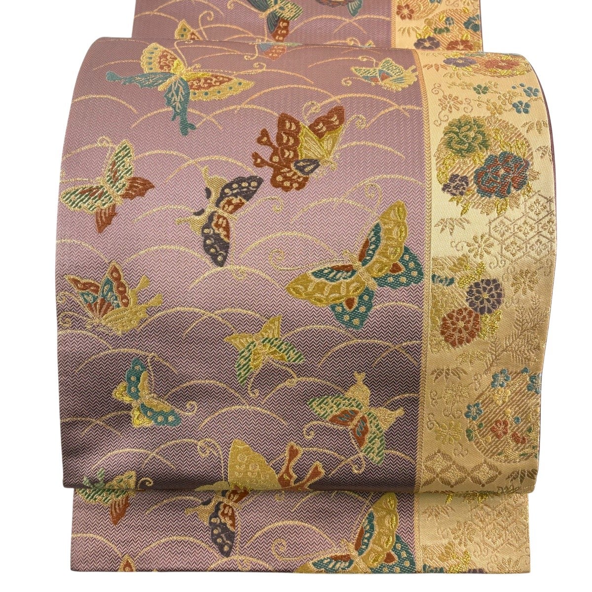 美品】 袋帯 秀品 蝶 花鳥 金糸 箔 灰紫 六通 正絹｜中古・古着