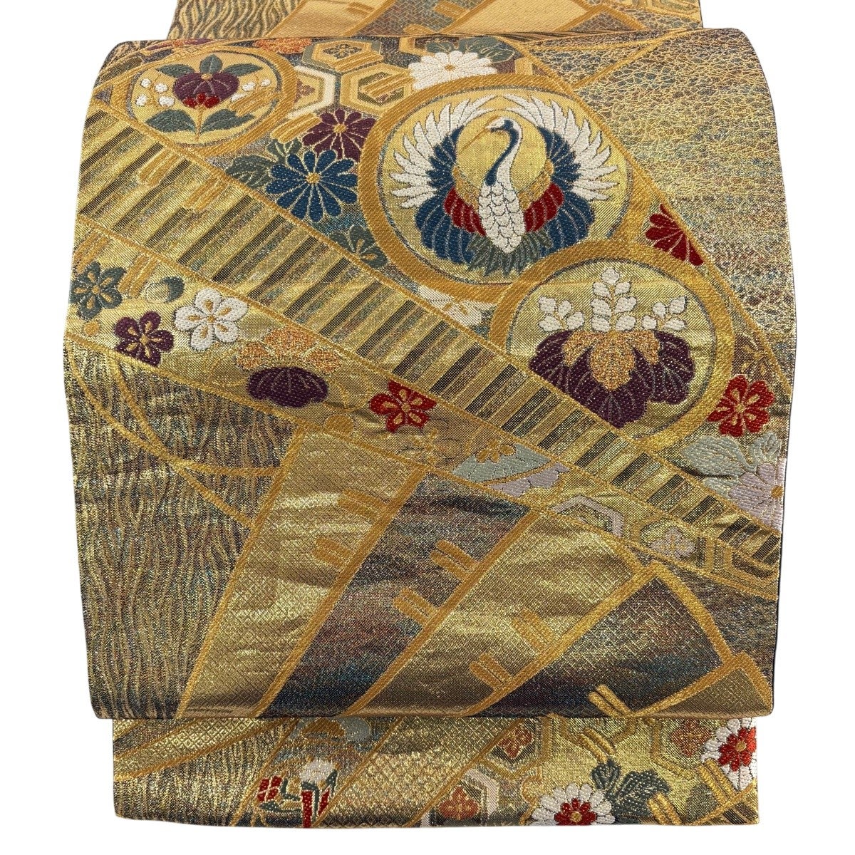 美品】 袋帯 秀品 鶴 草花 金糸 箔 金色 六通 正絹｜中古・古着 