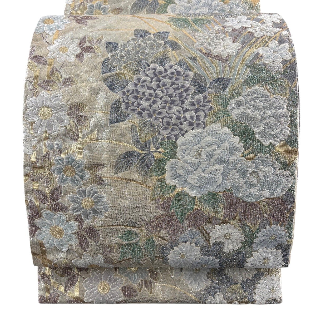 美品 袋帯 秀品 草花 紫陽花 銀糸 箔 銀色 六通 正絹｜中古・古着