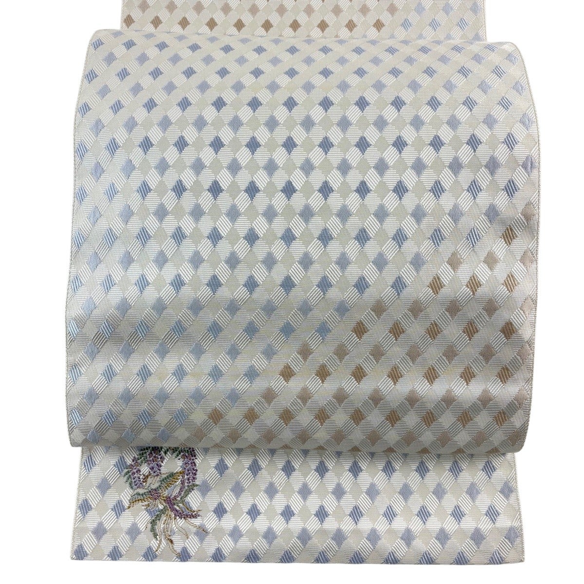 名古屋帯 秀品 八寸名古屋帯 松葉仕立て 縞 草花 朱色 正絹｜中古