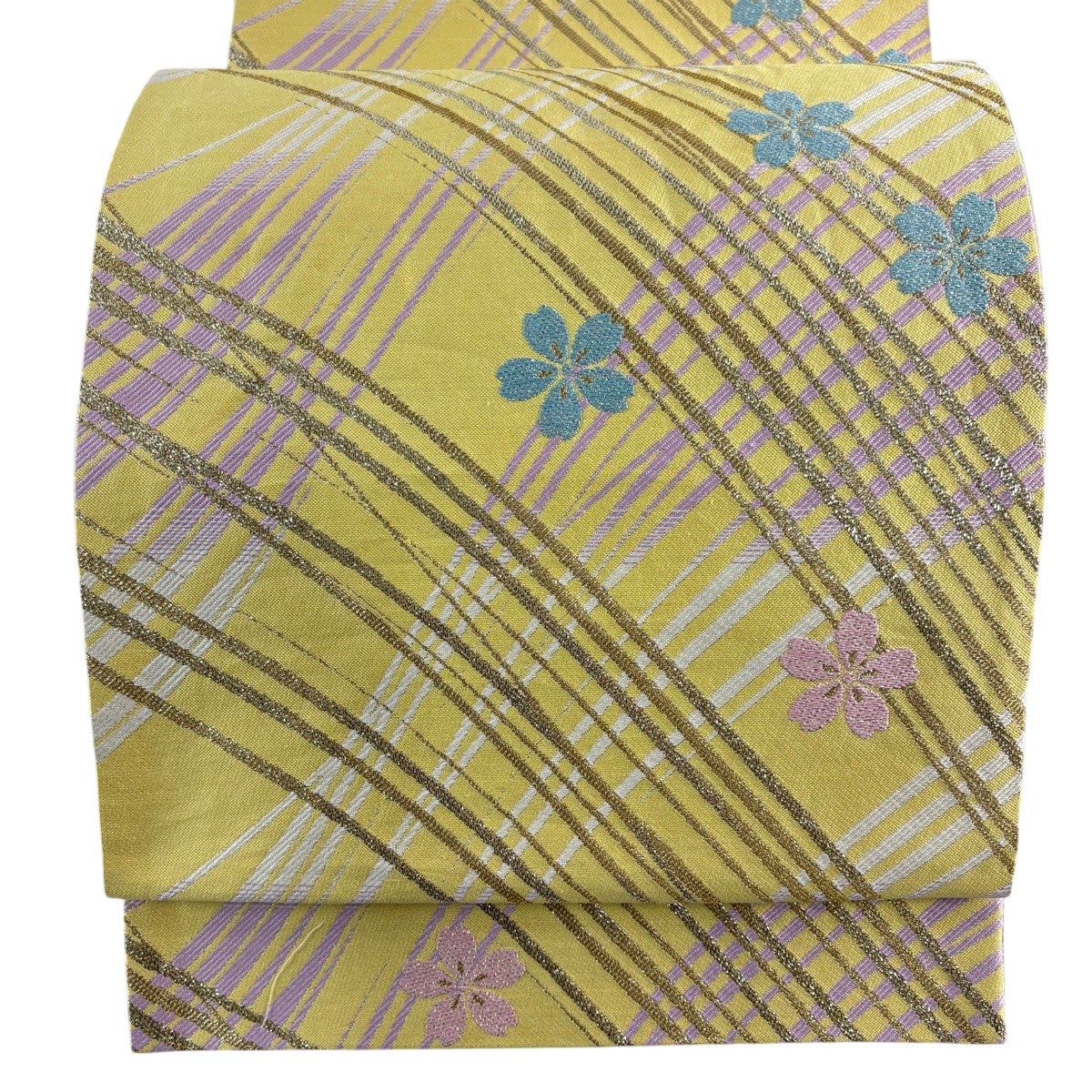 袋帯 秀品 桜 斜め格子 箔 黄色 六通 正絹｜中古・古着・リサイクル