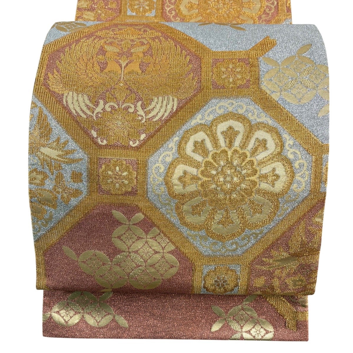 美品】 袋帯 秀品 蜀江華文 向かい鳥 金糸 箔 赤茶 六通 正絹｜中古