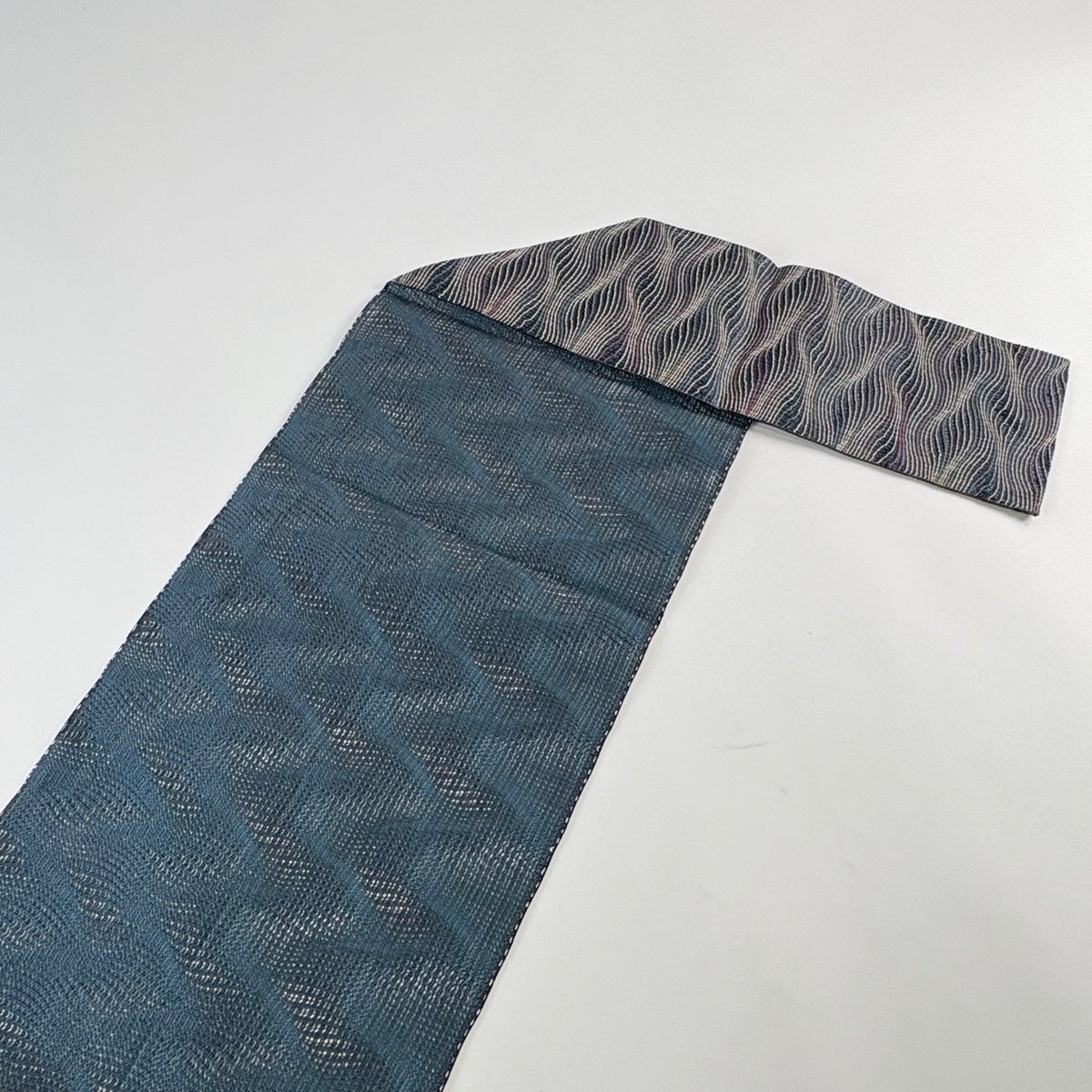 美品】 名古屋帯 秀品 夏帯 八寸名古屋帯 松葉仕立て 幾何学 紺色 正絹