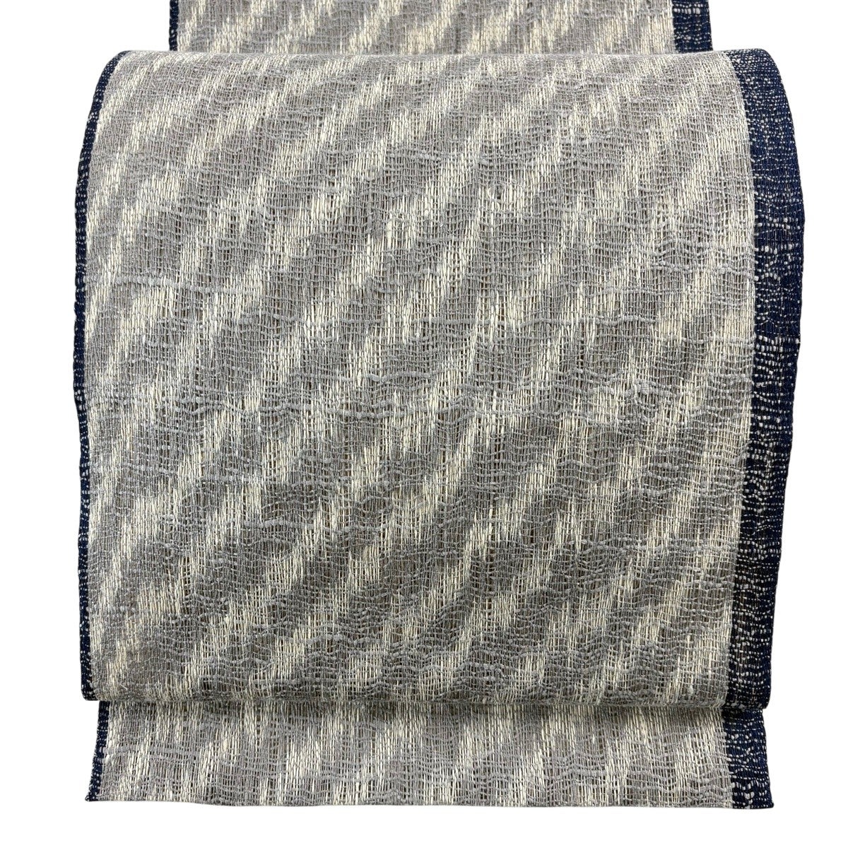 名古屋帯 秀品 夏帯 八寸名古屋帯 松葉仕立て 斜縞 灰色 正絹｜中古