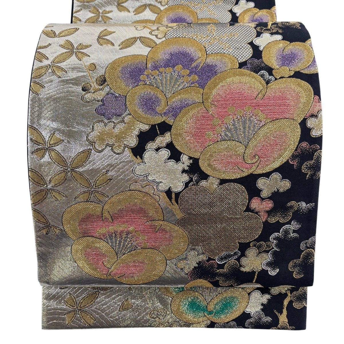 美品】 袋帯 秀品 振袖向き 梅 金糸 箔 金色 六通 正絹｜中古・古着