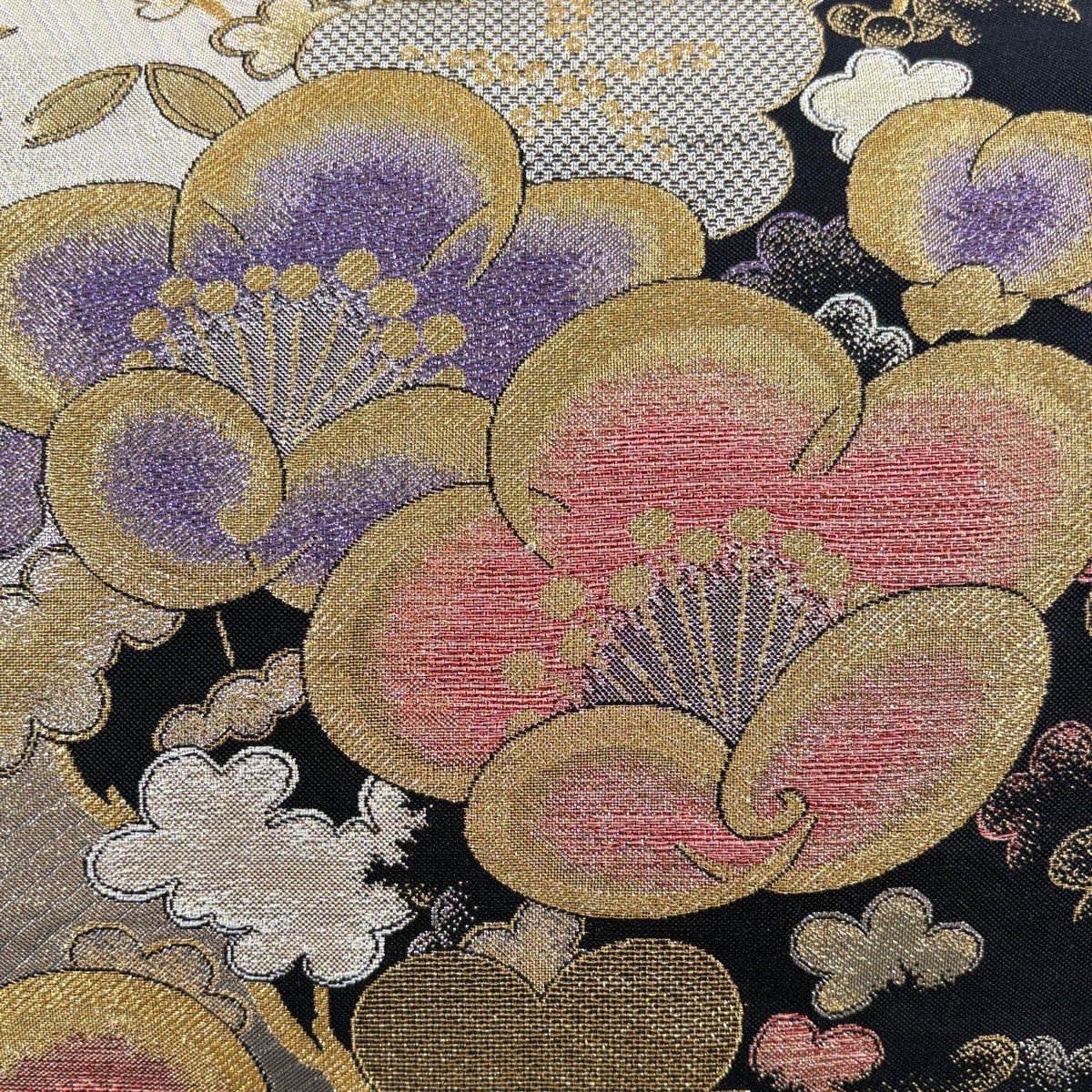 美品 袋帯 秀品 振袖向き 梅 金糸 箔 金色 六通 正絹｜中古・古着