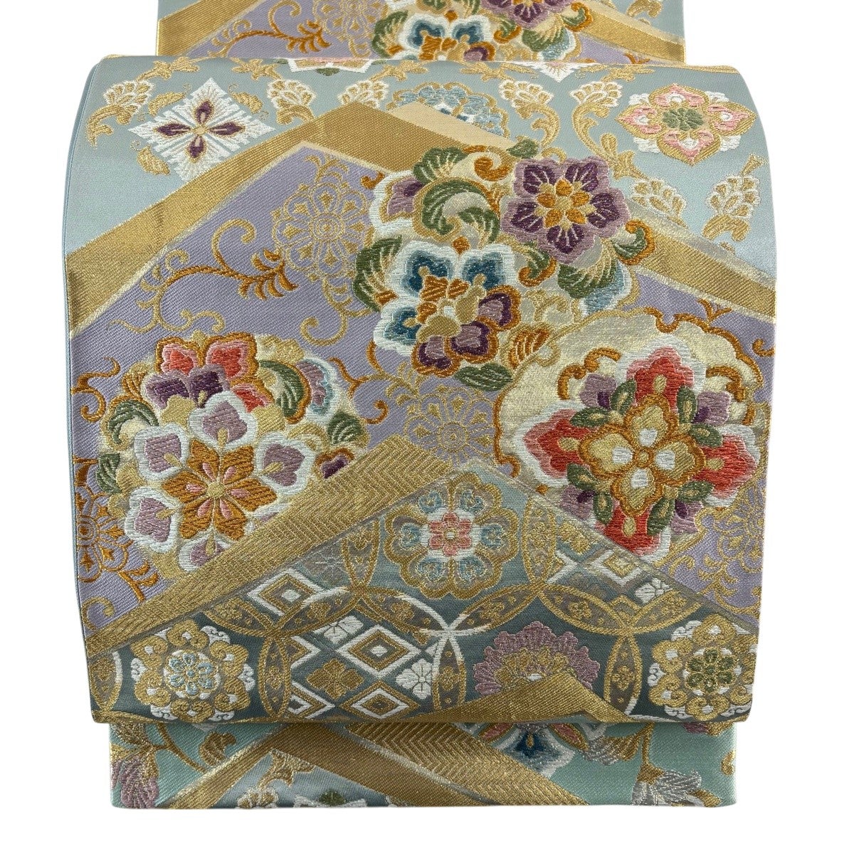 美品】 袋帯 秀品 御煌錦 華文 草花 金銀糸 箔 薄緑 六通 正絹｜中古
