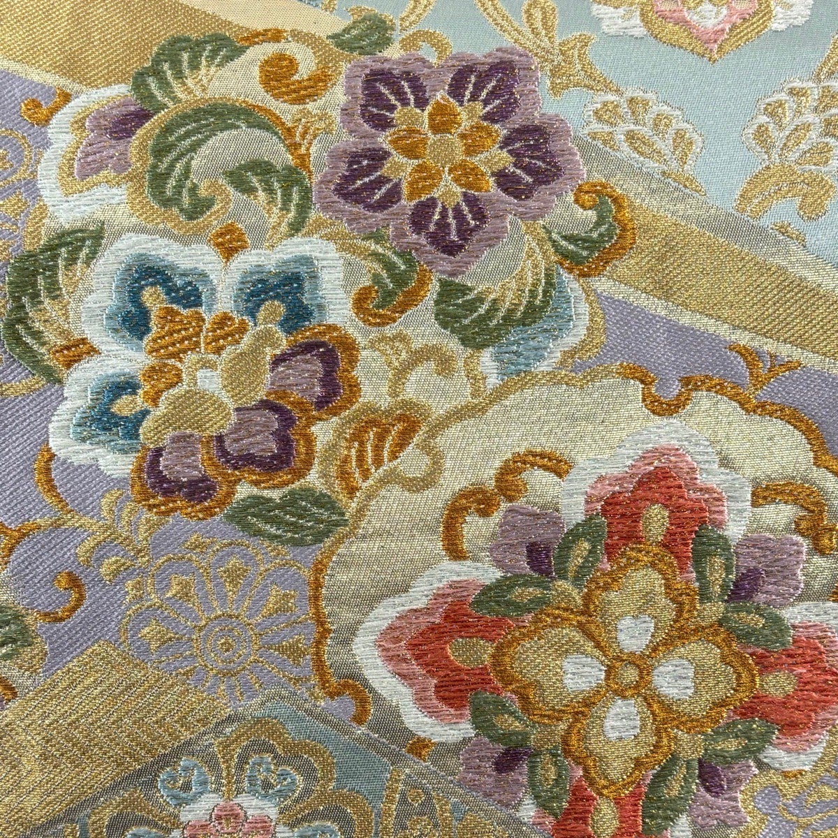 美品】 袋帯 秀品 御煌錦 華文 草花 金銀糸 箔 薄緑 六通 正絹｜中古