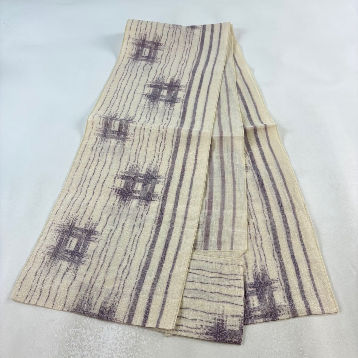 名古屋帯 秀品 夏帯 八寸名古屋帯 松葉仕立て 紬地 井桁 縞 ベージュ