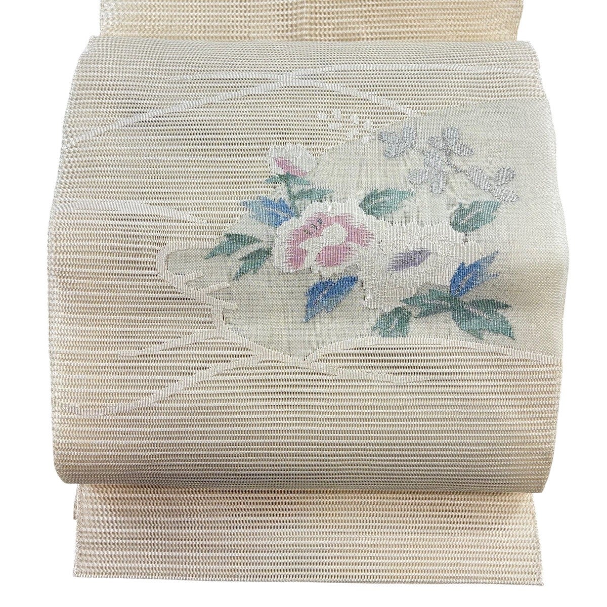 名古屋帯 優品 八寸名古屋帯 松葉仕立て 牡丹 金銀糸 薄ピンク 正絹