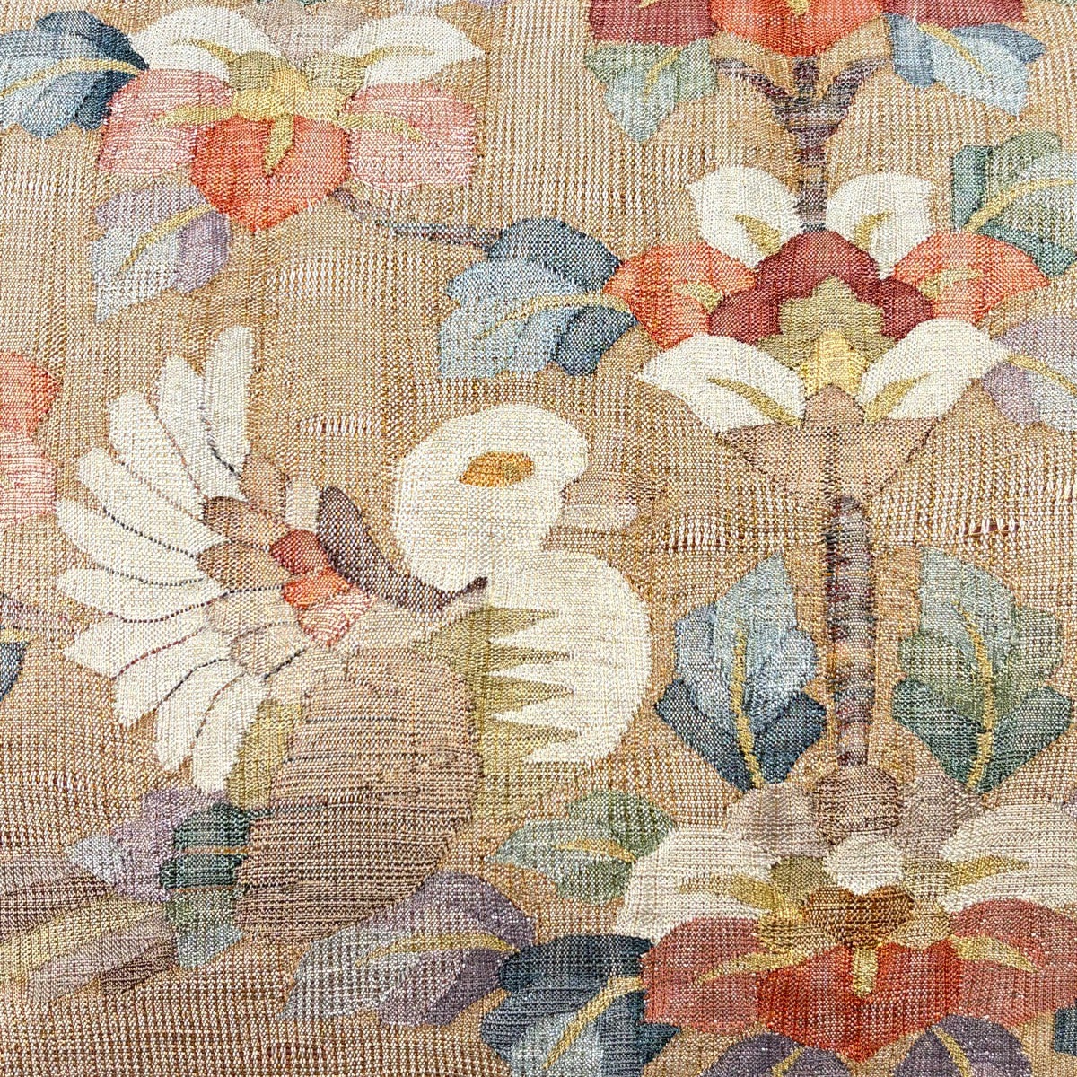 美品】 袋帯 秀品 草花 鳥 金糸 箔 薄茶色 お太鼓柄 正絹｜中古・古着