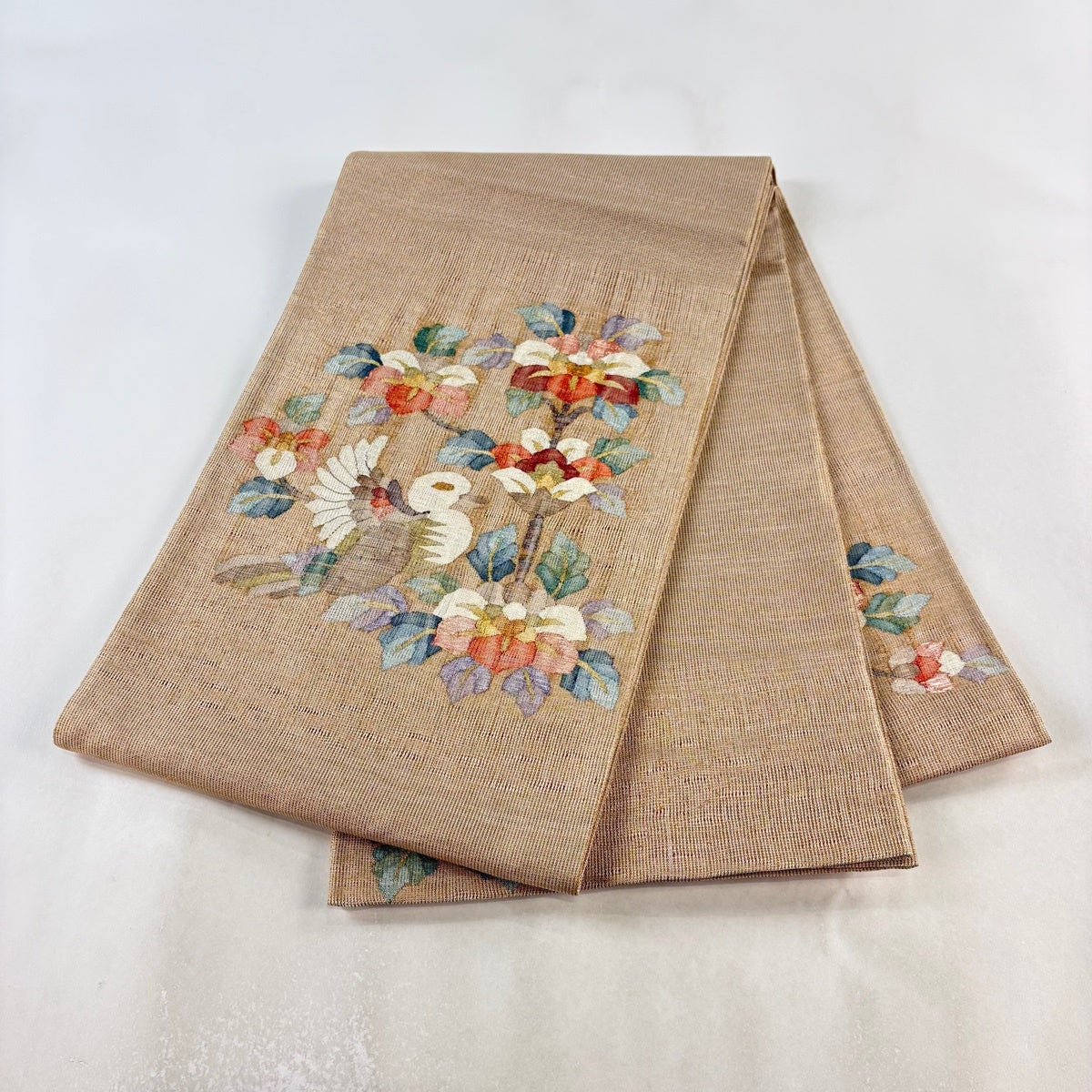 美品】 袋帯 秀品 草花 鳥 金糸 箔 薄茶色 お太鼓柄 正絹｜中古・古着