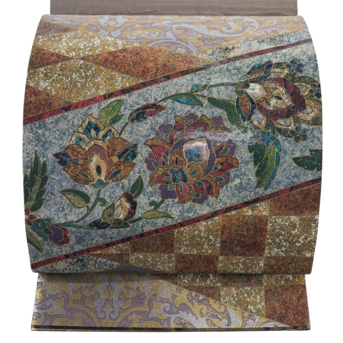 袋帯 秀品 関西仕立て 草花 市松 螺鈿箔 箔 灰紫 お太鼓柄 正絹｜中古