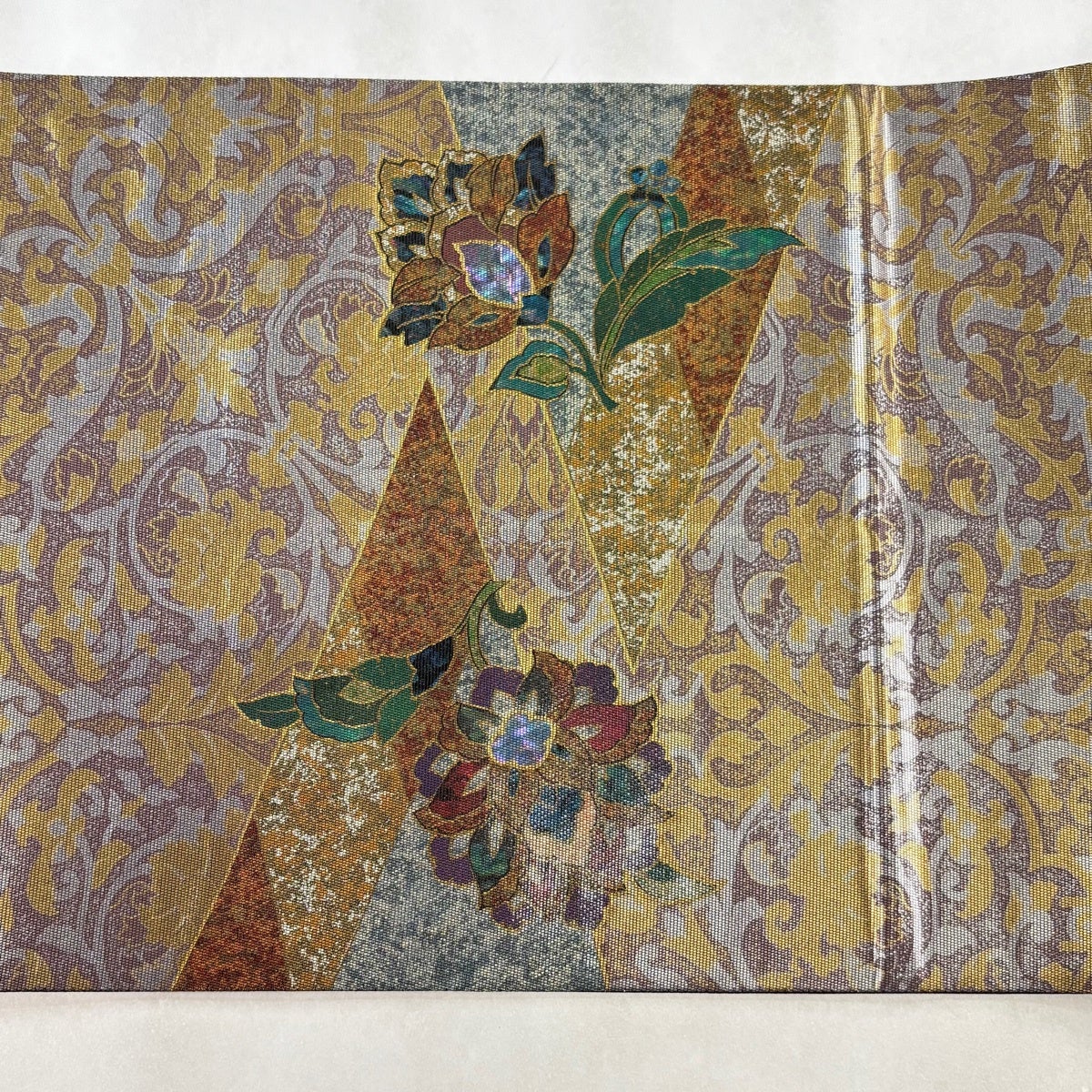 袋帯 秀品 関西仕立て 草花 市松 螺鈿箔 箔 灰紫 お太鼓柄 正絹｜中古
