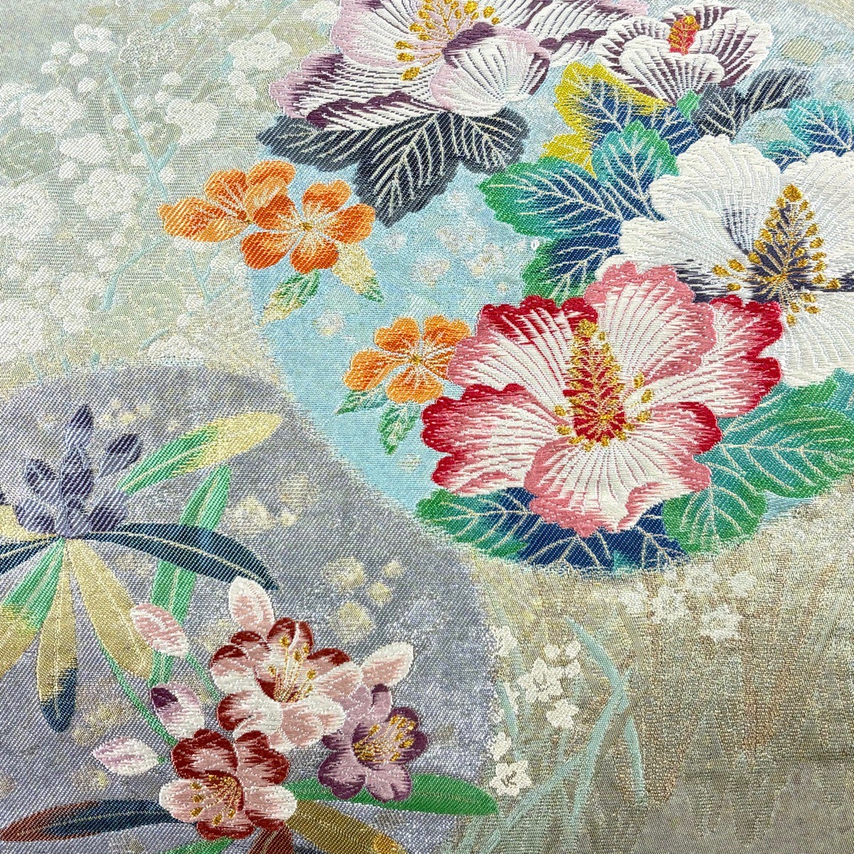 美品】 袋帯 秀品 香花彩円文 金糸 箔 灰緑 六通 正絹｜中古・古着