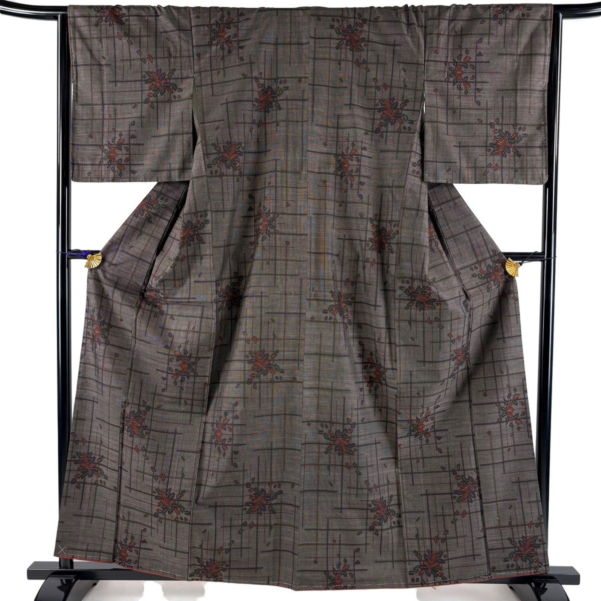 美品】 紬 身丈160cm 裄丈65cm M 袷 鈴乃屋 葉柄 絣柄 鶯色 正絹 秀品