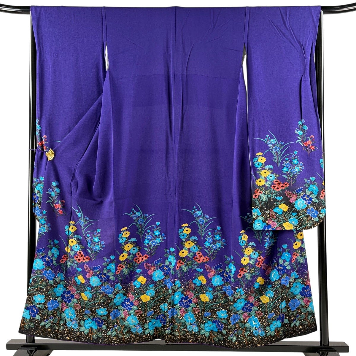 振袖 身丈155.5cm 裄丈66.5cm M 袷 草花 金彩 染め分け 紫 正絹 秀品