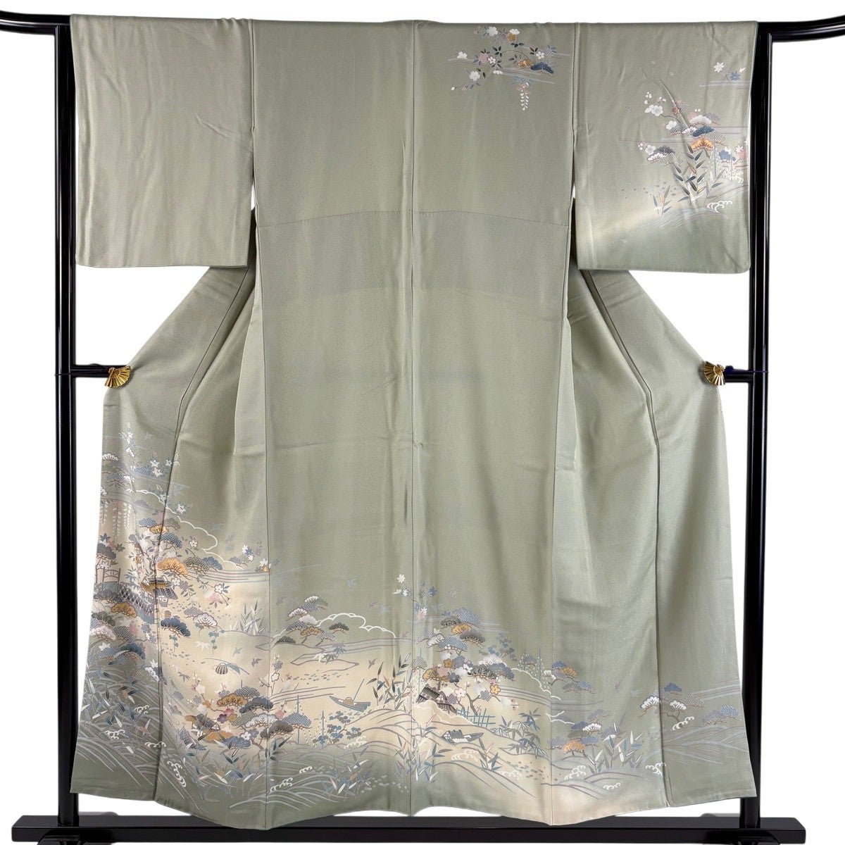 訪問着 身丈152cm 裄丈65cm M 袷 草花 家屋 金彩 染め分け 灰緑 正絹