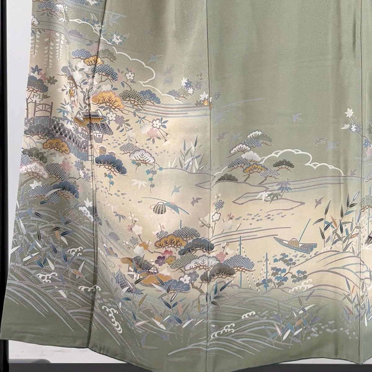 訪問着 身丈152cm 裄丈65cm M 袷 草花 家屋 金彩 染め分け 灰緑 正絹