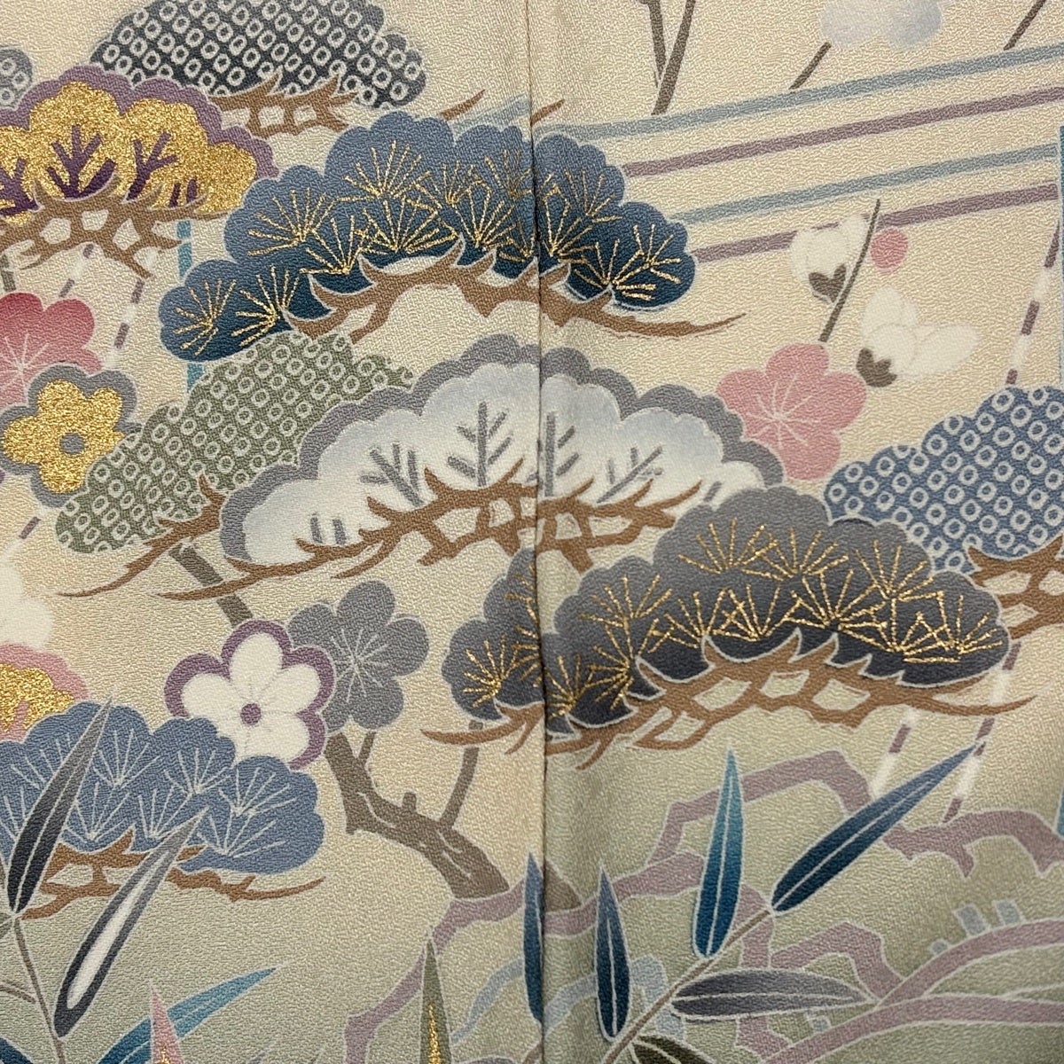 訪問着 身丈152cm 裄丈65cm M 袷 草花 家屋 金彩 染め分け 灰緑 正絹