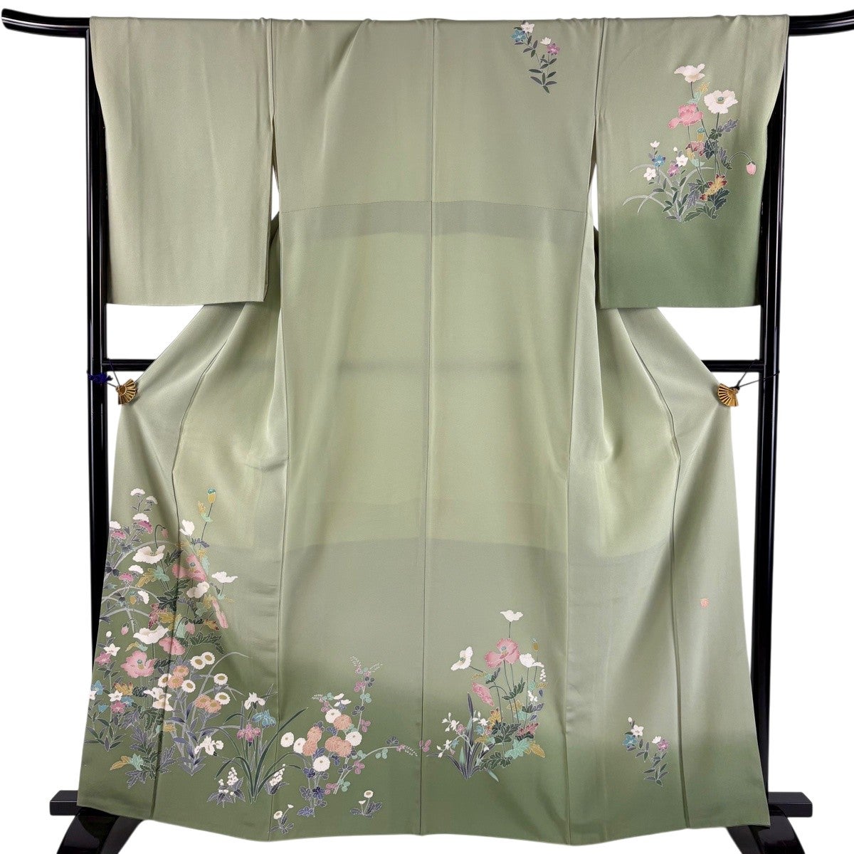 未使用美品 薄物訪問着 駒絽 丈165 裄68 美品】 訪問着 身丈166.5cm 裄丈66cm M 袷 枝花 松 金彩 ぼかし 薄緑