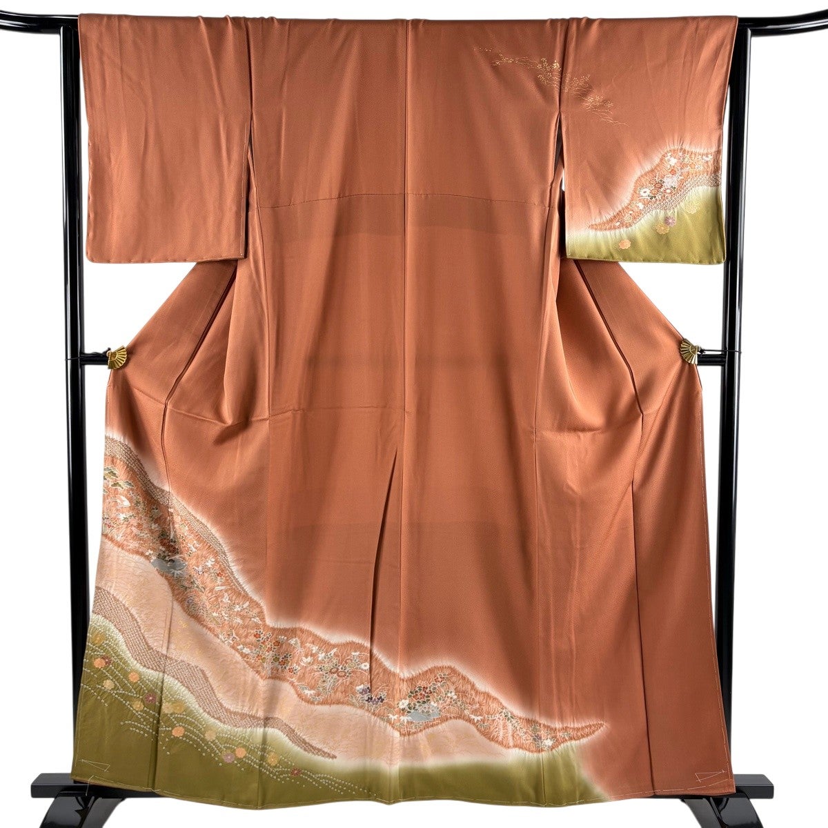 訪問着 身丈160.5cm 裄丈64.5cm M 袷 松竹梅 秋草 絞り 金彩 赤茶 正絹