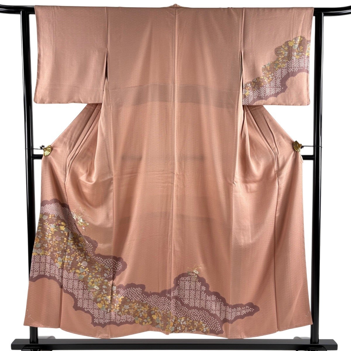 訪問着 身丈151.5cm 裄丈62.5cm S 袷 扇面 草花 刺繍 絞り 薄オレンジ