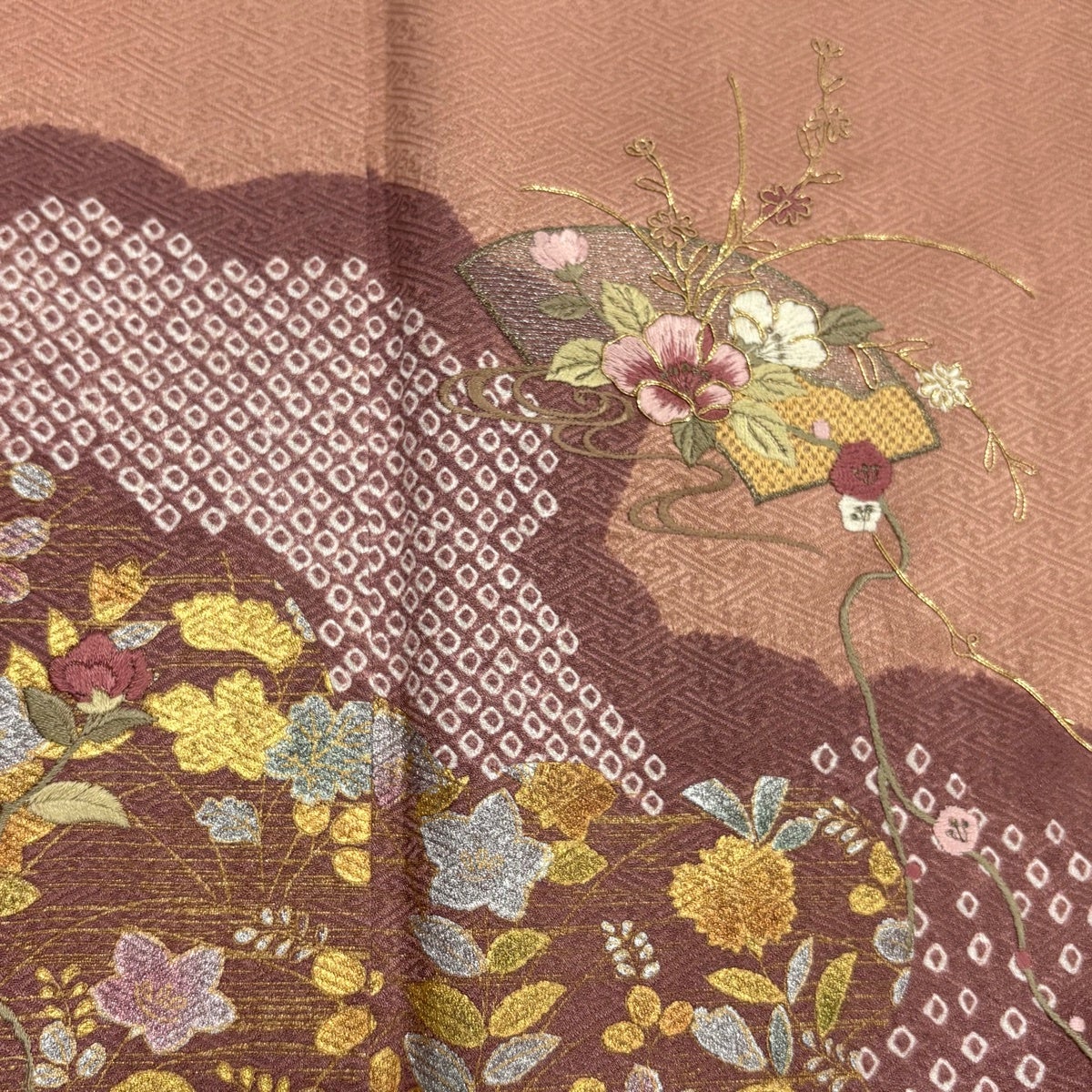 訪問着 身丈151.5cm 裄丈62.5cm S 袷 扇面 草花 刺繍 絞り 薄オレンジ