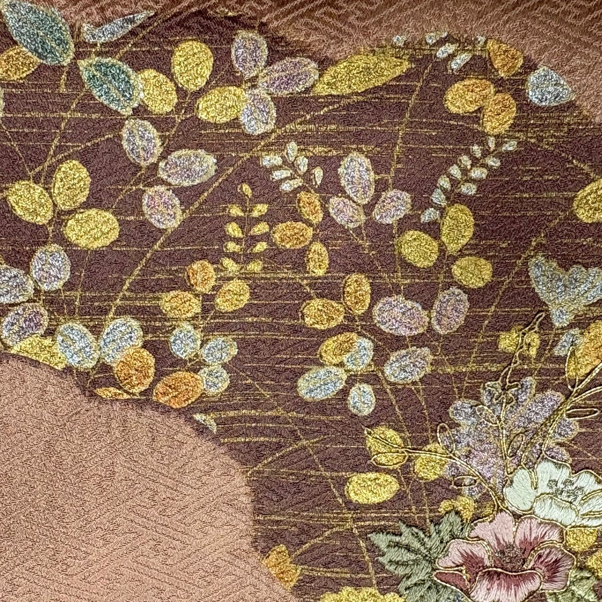 訪問着 身丈151.5cm 裄丈62.5cm S 袷 扇面 草花 刺繍 絞り 薄オレンジ