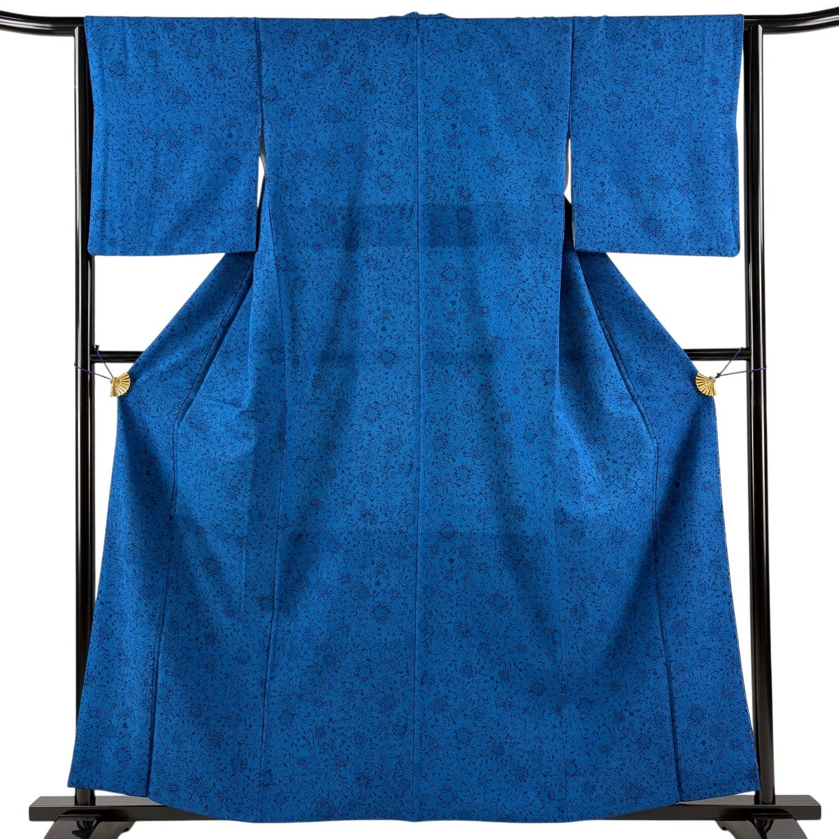小紋 身丈159cm 裄丈64.5cm M 袷 草花 縮緬 藍色 正絹 秀品｜中古