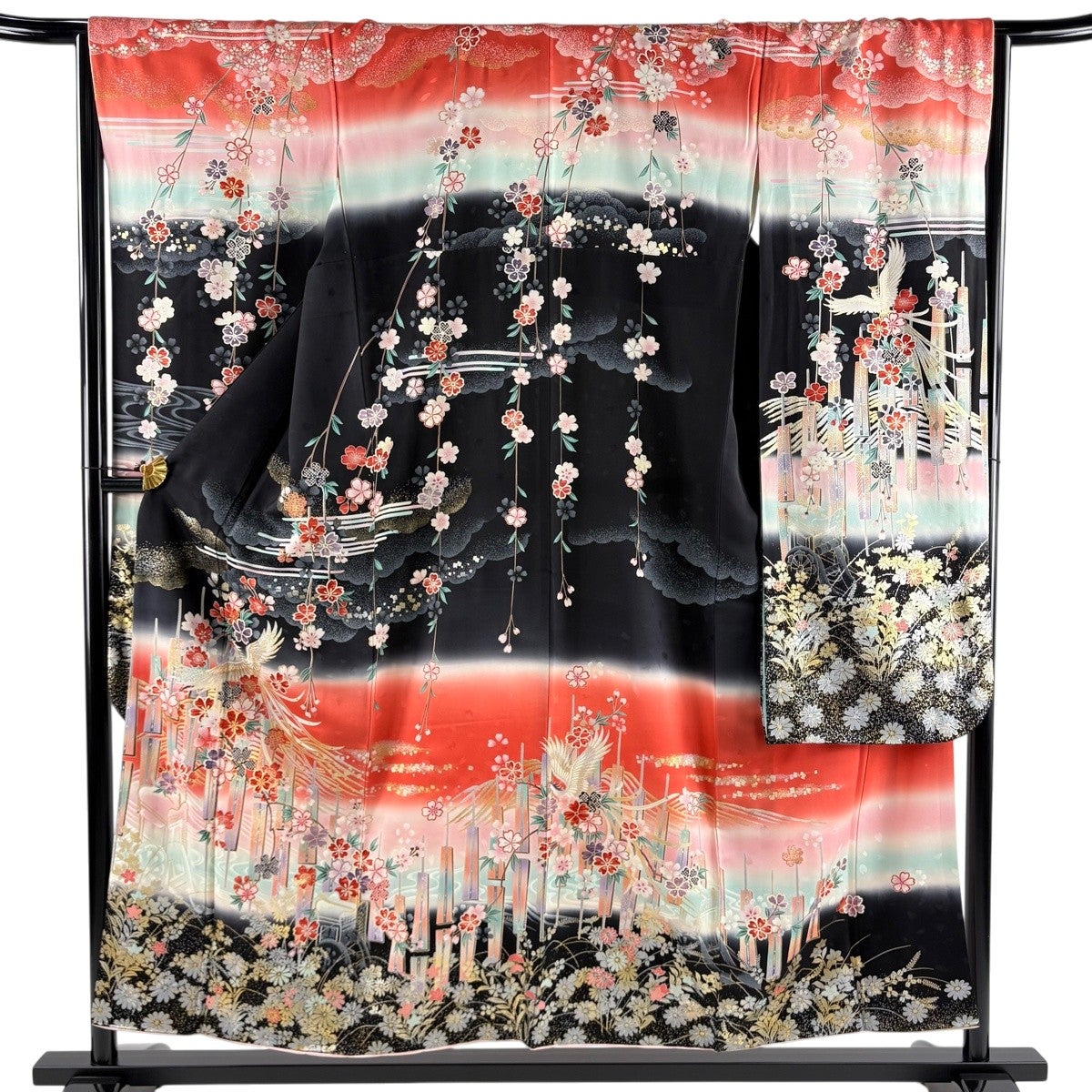 無地振袖 シンプル ちりめん 茜色系 身丈155cm 振袖 身丈154cm 裄丈66.5cm M 袷 尾長鳥 桜 刺繍 金糸 茜色 正絹 秀品
