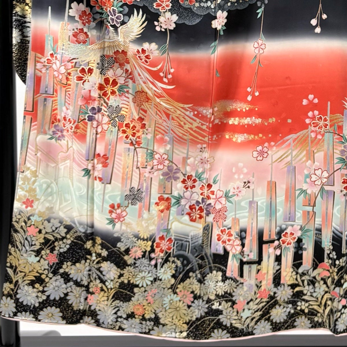 振袖 身丈154cm 裄丈66.5cm M 袷 尾長鳥 桜 刺繍 金糸 茜色 正絹 秀品