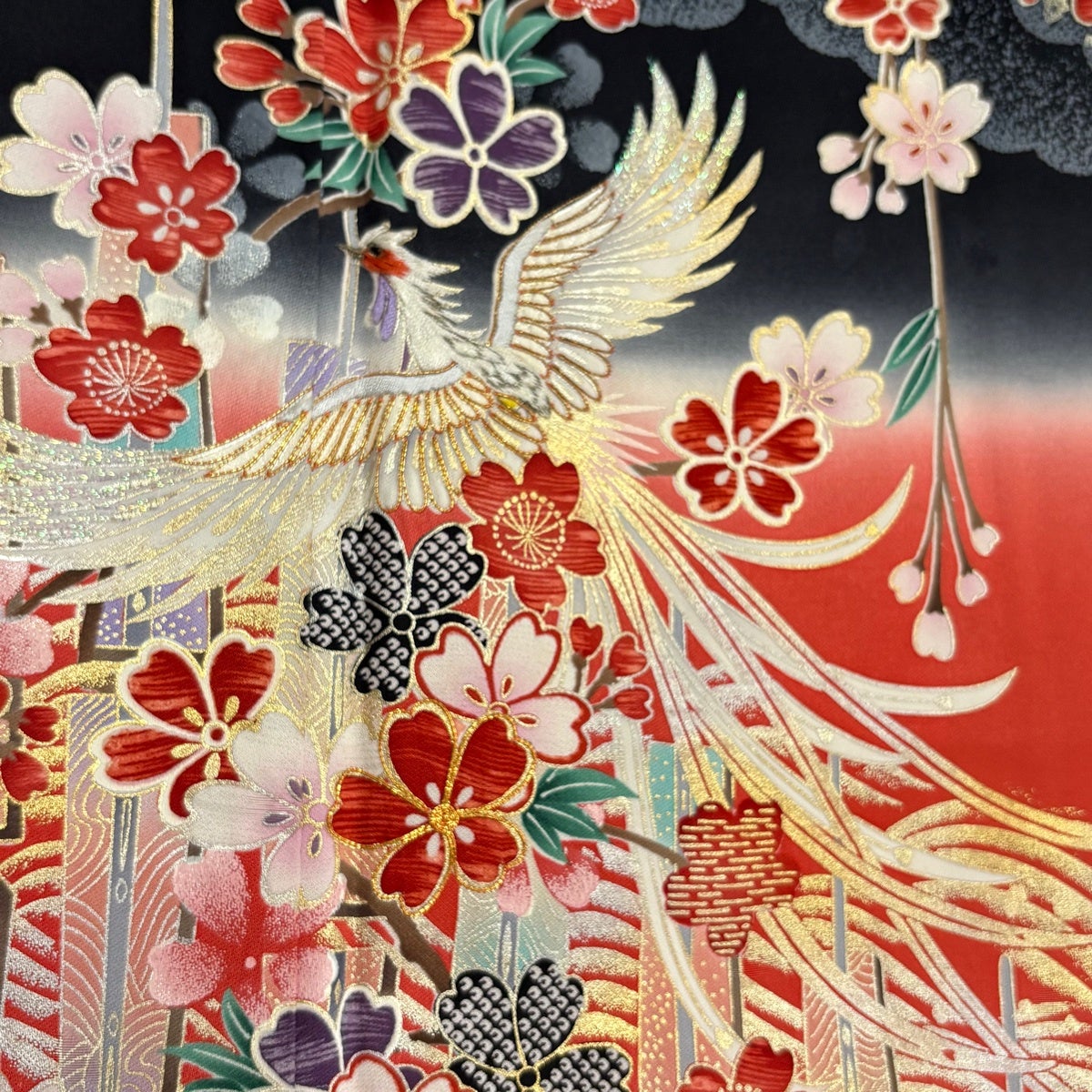 振袖 身丈154cm 裄丈66.5cm M 袷 尾長鳥 桜 刺繍 金糸 茜色 正絹 秀品