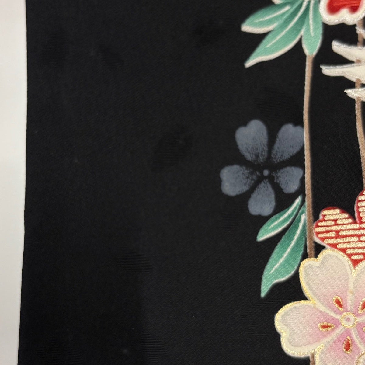 振袖 身丈154cm 裄丈66.5cm M 袷 尾長鳥 桜 刺繍 金糸 茜色 正絹 秀品