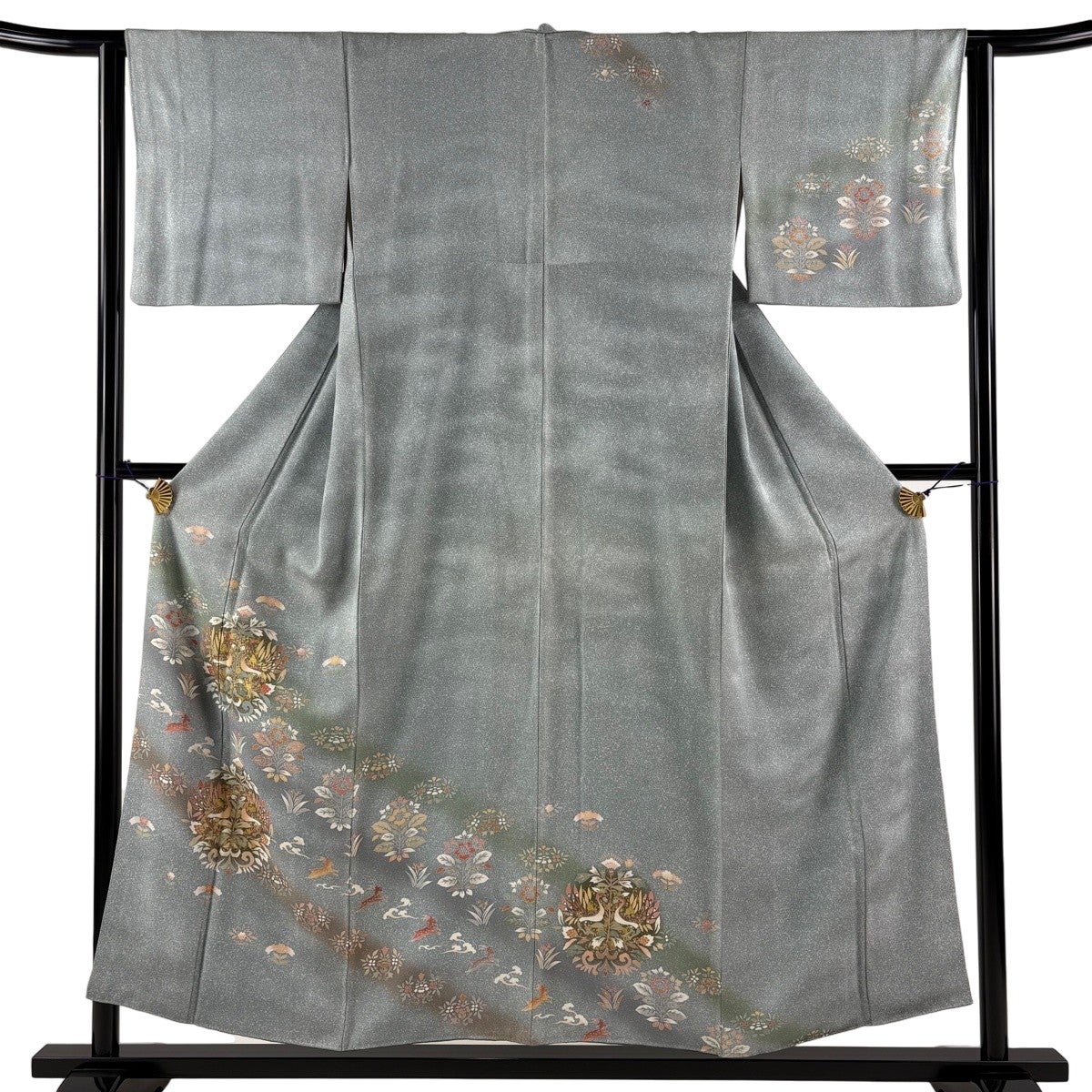 訪問着 身丈153cm 裄丈63.5cm S 袷 向かい鳥 草花 金彩 ぼかし 青灰色