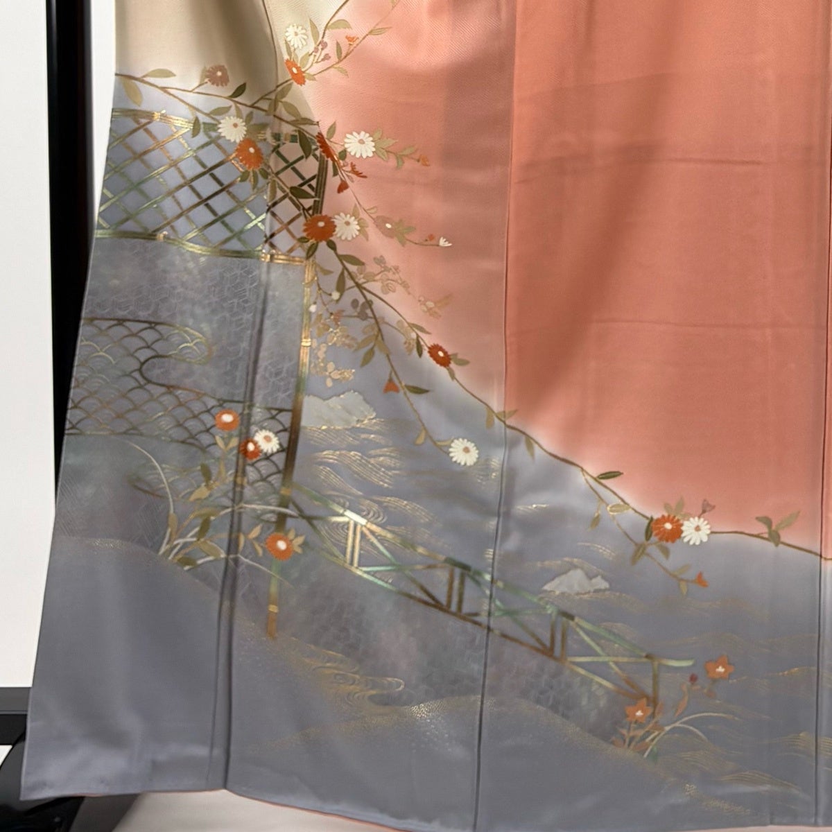羽織　正絹　流水　波　ぼかし　竹　キャメルカラー　着物　073tz 美品】 付下げ 身丈167.5cm 裄丈64cm M 袷 よろけ縞 幾何学模様 ぼかし