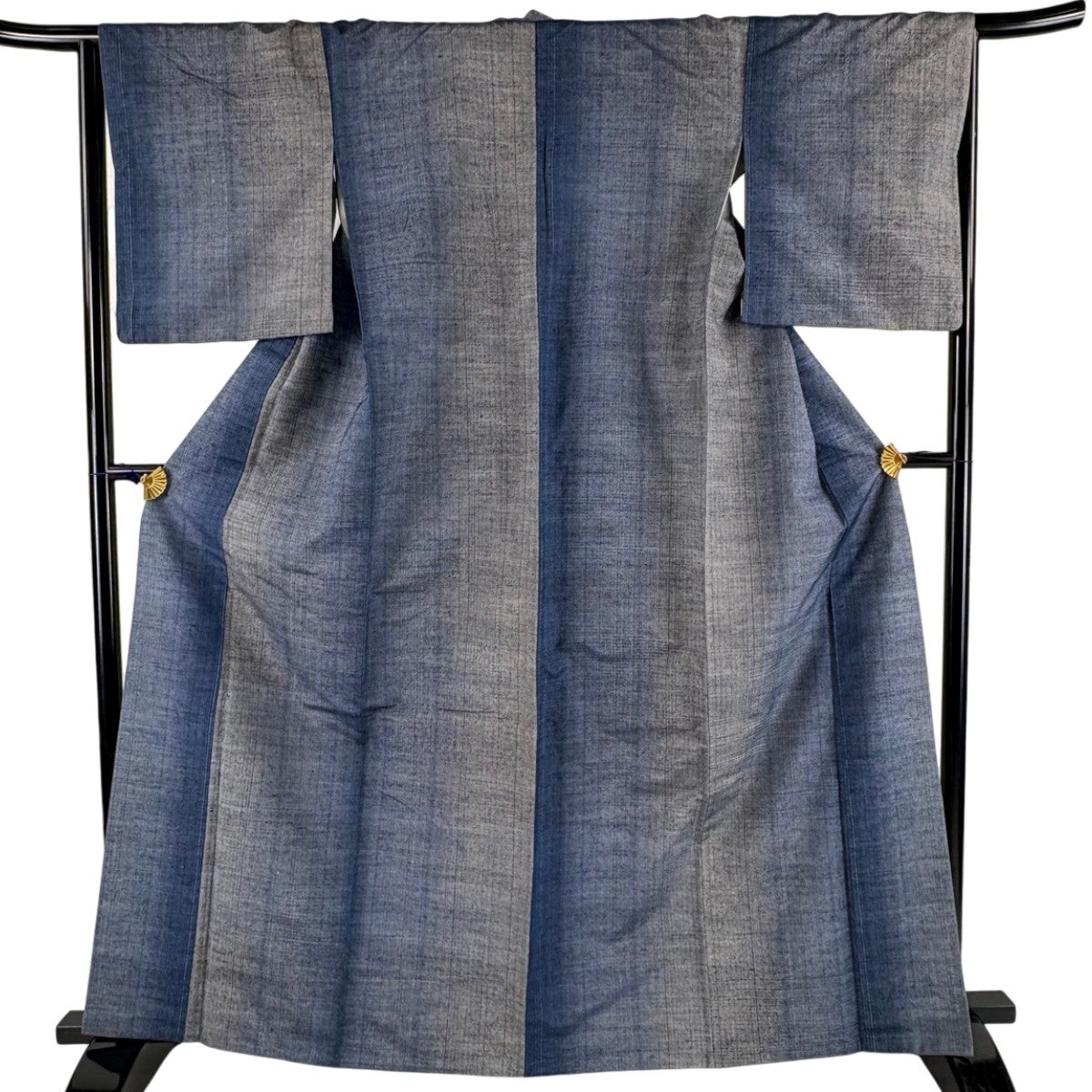 美品】 紬 身丈163.5cm 裄丈66cm M 単衣 信州紬 証紙あり 縦縞 藍色